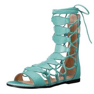 YDN Poeder Blue Ankle High Gladiator Sandals for Women Lace up Open toe Flats